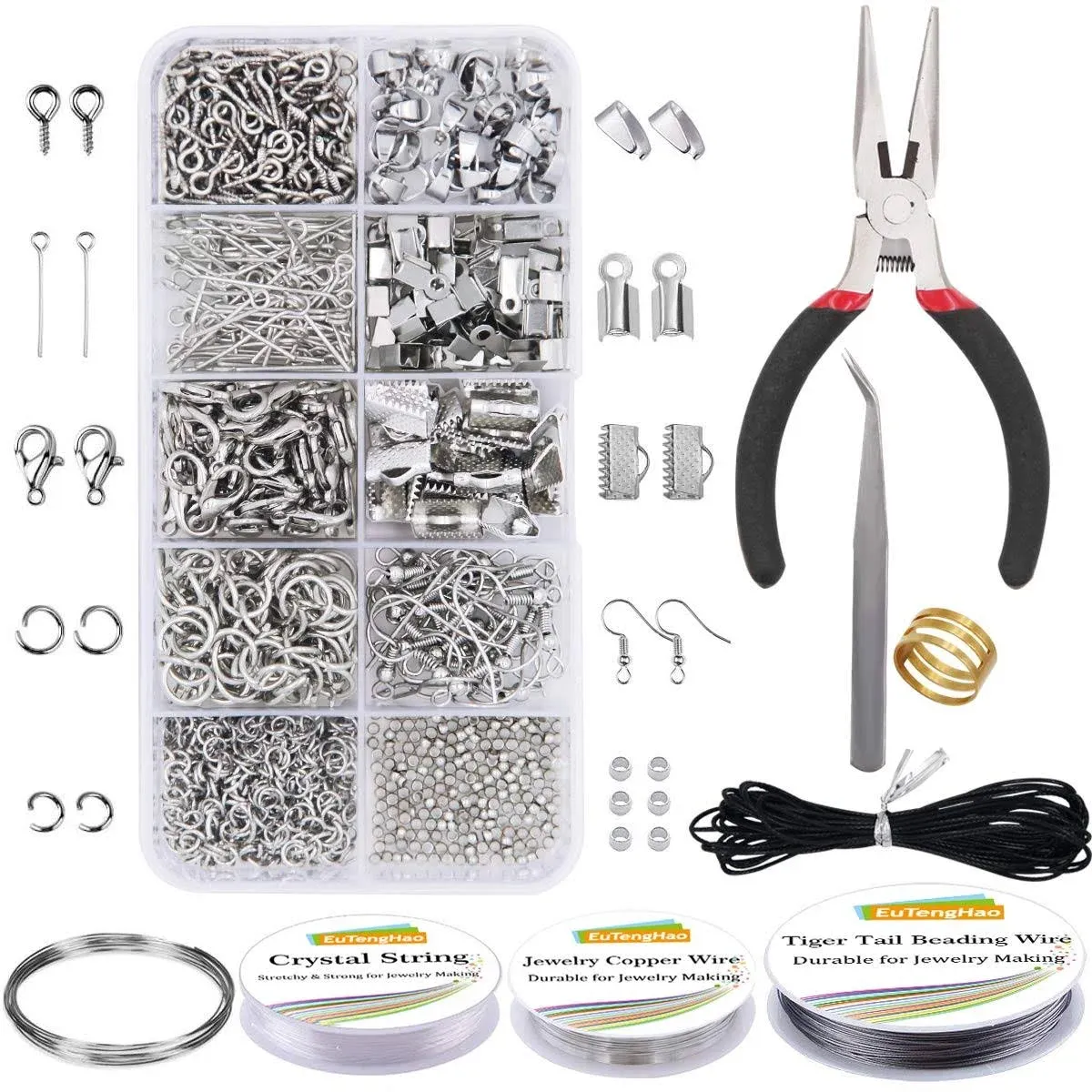 EuTengHao Jewelry Making Supplies Kit Jewelry Repair Tool Set with Jewelry Pliers Beading Wires Open Jump Ring Lobster Clasps Necklace Cord Ribbon End