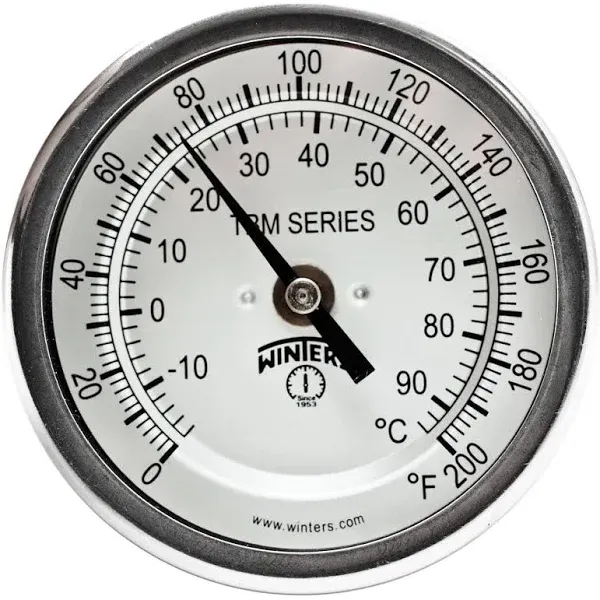 Bimetal Dial Thermometer: 20 to 200 &deg; F, 3" Dial Dia, 2-1/2" Stem Length