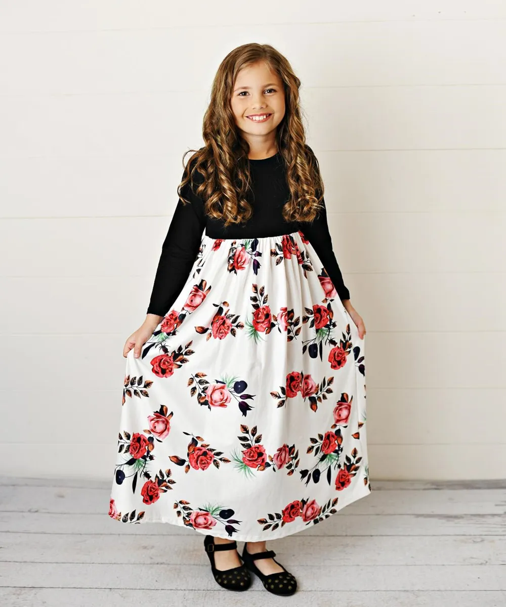 Adorable Sweetness Girls' Maxi Dresses Black/White - Black & White Floral Long-Sleeve Maxi Dress - Girls