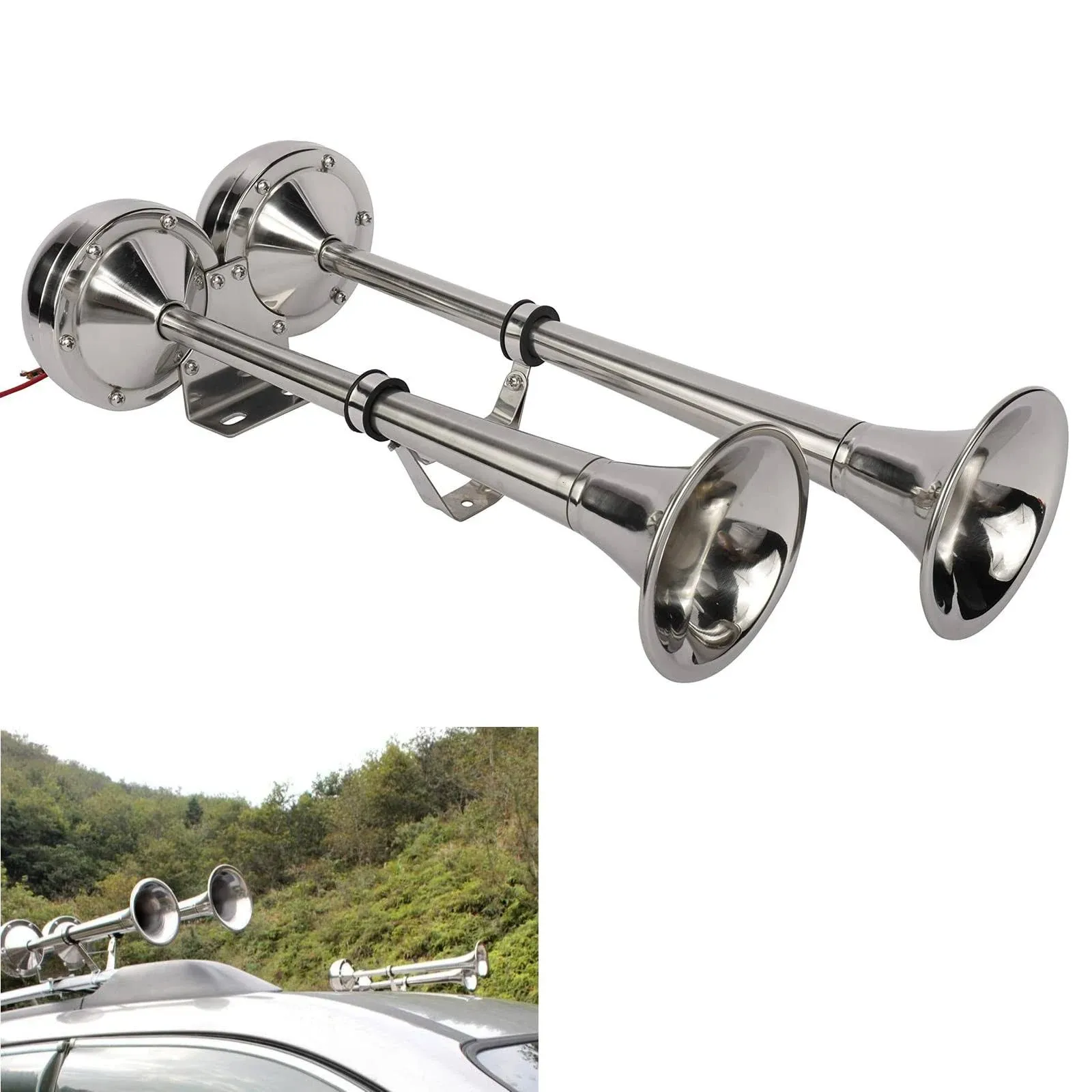 WerkWeit Dual Boat Horns12V Marine Boat Trumpet Horn Polished Stainless Steel...