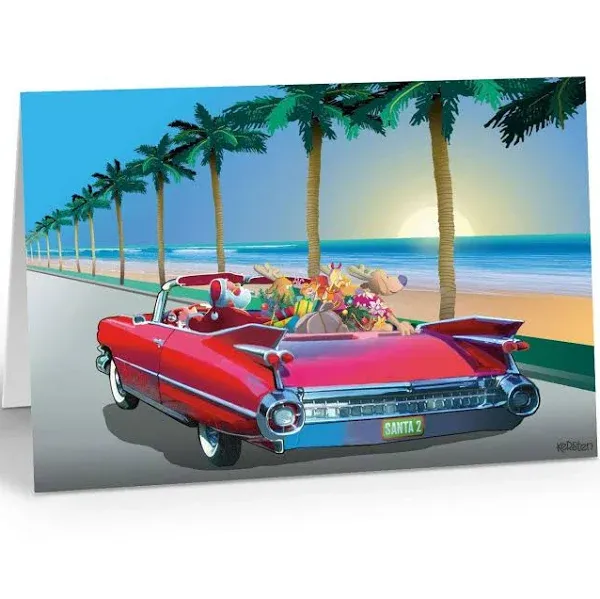 Tropical Cruising Santa Christmas Card - 18 Boxed Beach Holiday Cards & 19 Envelopes