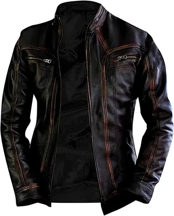 Men’s classic vintage café racer Retro leather jacket. Motorcycle distressed biker leather jacket for men.