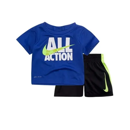 Nike Dri-fit Boys Outfit Blue All Action Shirt & Black Athletic Shorts Set L