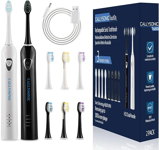 CALLYSONIC Sonic Electric Toothbrush for Adult, 2 Pack Rechargeable Tooth Brush, 3 Modes, Smart Timers, One Charge for 60 Days, Electric Toothbrush Set with 8 Brush Heads, 48,000 VPM