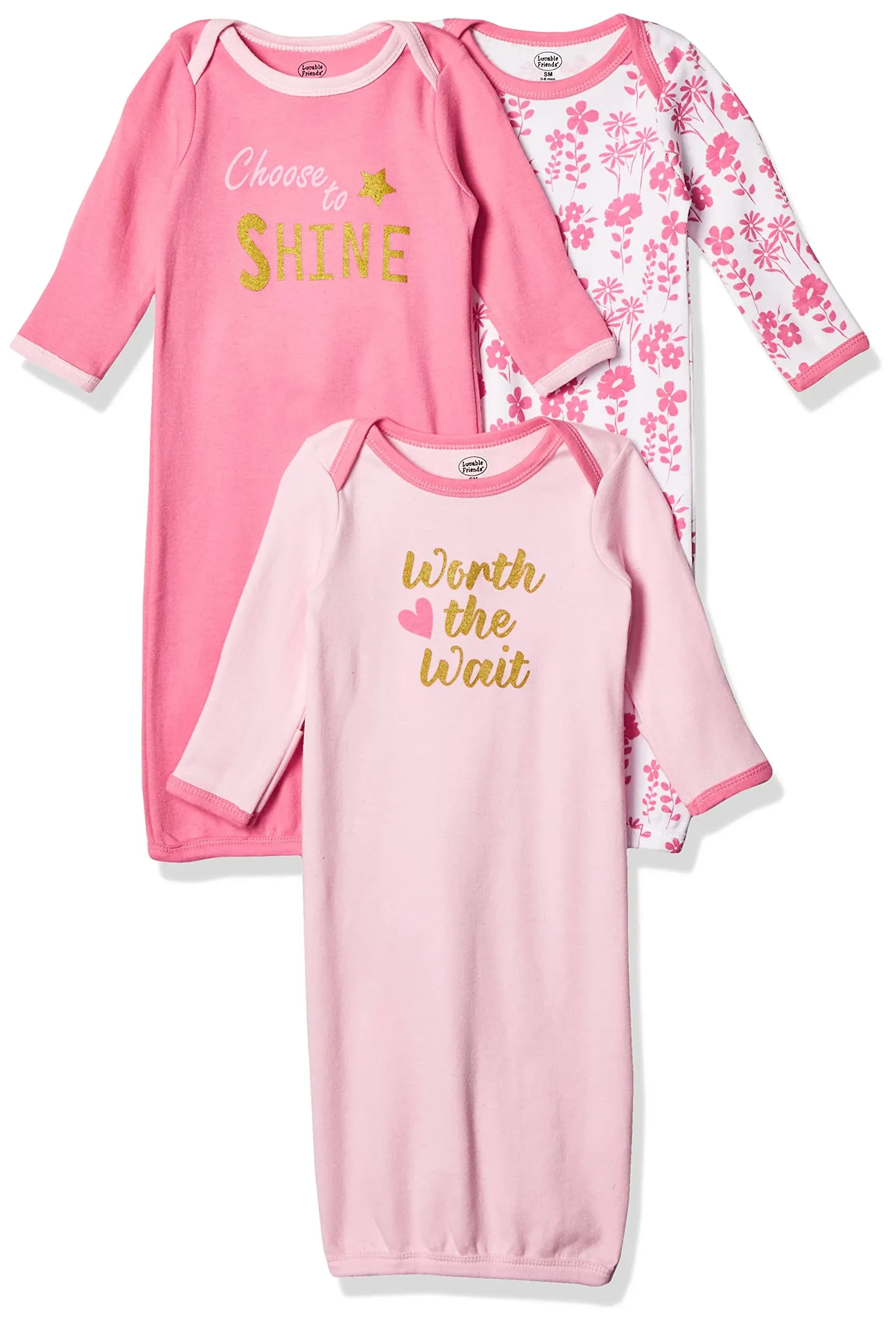 Luvable Friends Baby Girl Gowns, 3-Pack, Size: 0-6 Months, Worth The Wait