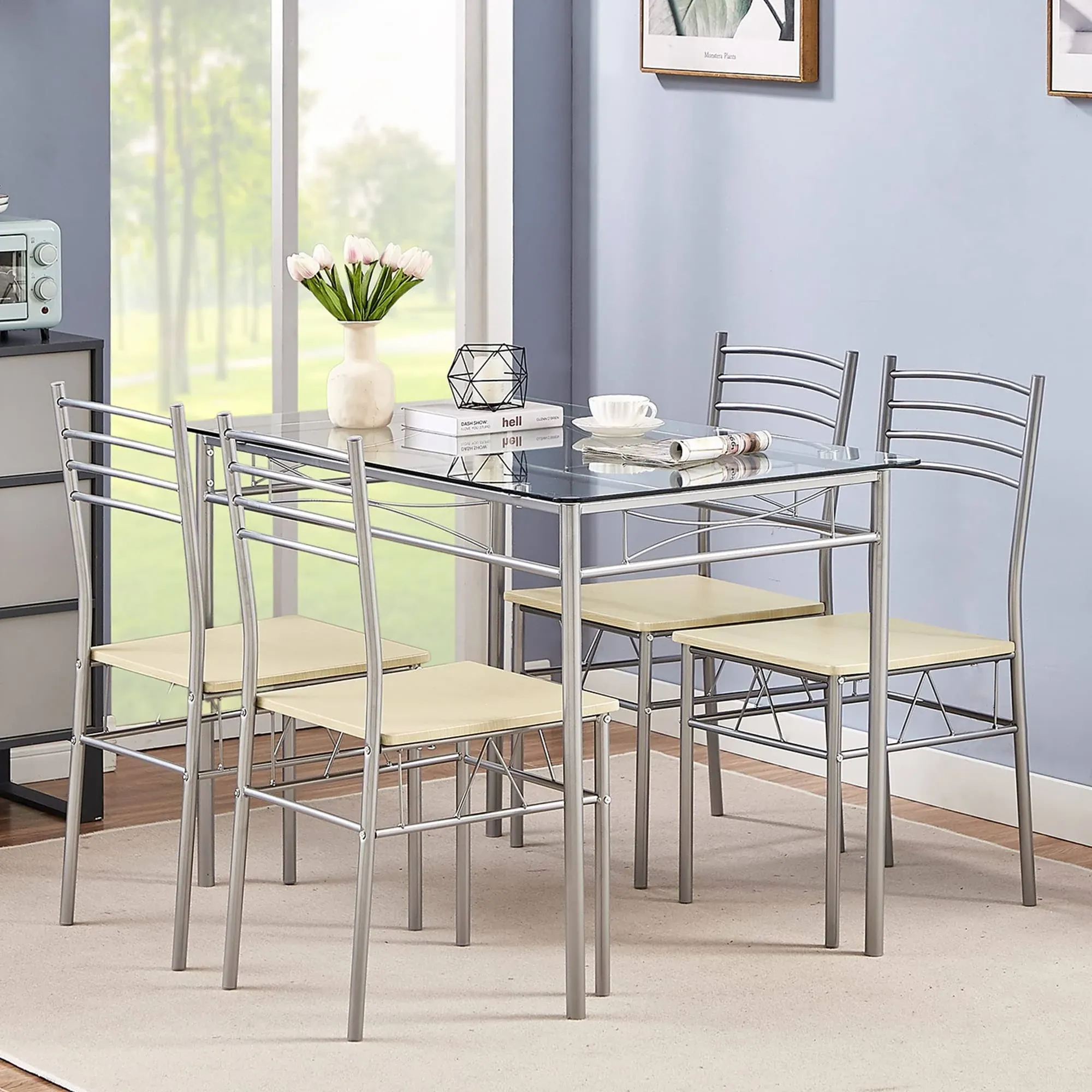 VECELO Kitchen Dining Room Table and Chairs 4, 5-Piece Dinette Sets, Space Saving ...