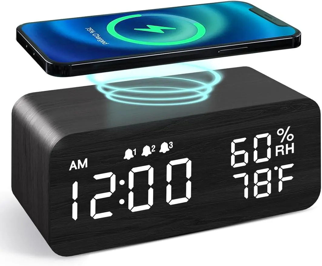 JALL Wooden Digital Alarm Clock with Wireless Charging,3 Alarms LED Display