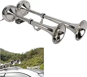 WerkWeit Dual Boat Horns12V Marine Boat Trumpet Horn Polished Stainless Steel Marine Horn, Low and High Tone, with Stainless Steel Adjustable Trumpet Support