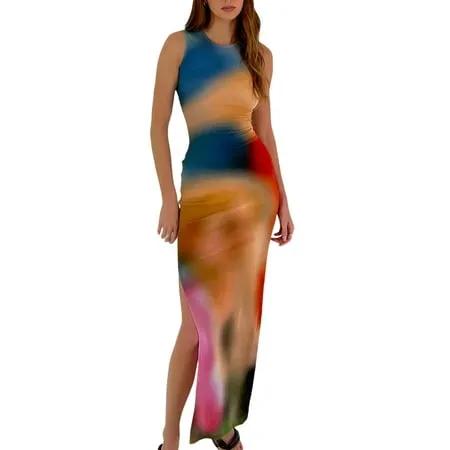 Women Y2k Tie Dye Tank Dress Sleeveless Bodycon Long Dresses Printed Slim Fit Short Dress Trendy Summer Sundress