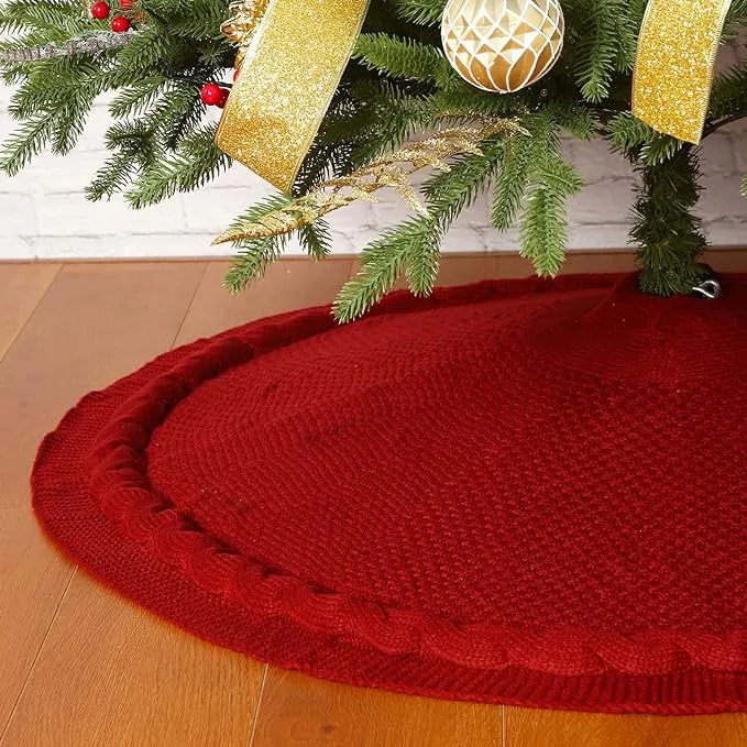 Sattiyrch Christmas Tree Skirt 48 Inches Luxury Cable Knit Knitted Thick Rustic Xmas Holiday Decoration