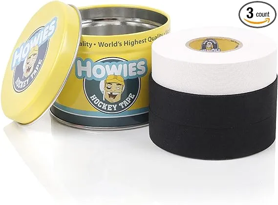 Howies 3 Pack Hockey Stick Premium Cloth Tape or Shin Tape 3-Pack You Choose Colors - Cloth (1 Inch by 25 Yards Long) Clear/Poly (1" x 30yds) with Free Tape TIN ((1) White / (2) Black)