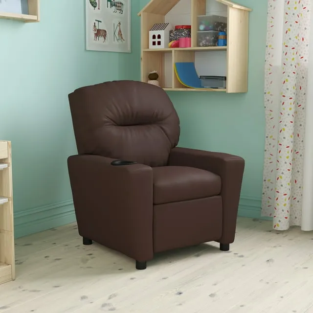 Emma + Oliver Brown LeatherSoft Kids Recliner with Cup Holder