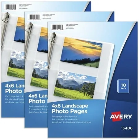 Avery Photo Pages, Horizontal, 4&#034; x 6&#034;, Acid-Free, 10 Pages (13406) 3 Packs,