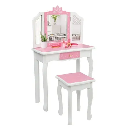 SESSLIFE Kids Vanity Table and Chair, Children Vanity Set with Mirror, Makeup Dressing Table with a Drawer，Play Vanity Set for Girls, Pink and White