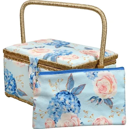 SINGER Large Blue Hydrangeas Print Sewing Basket