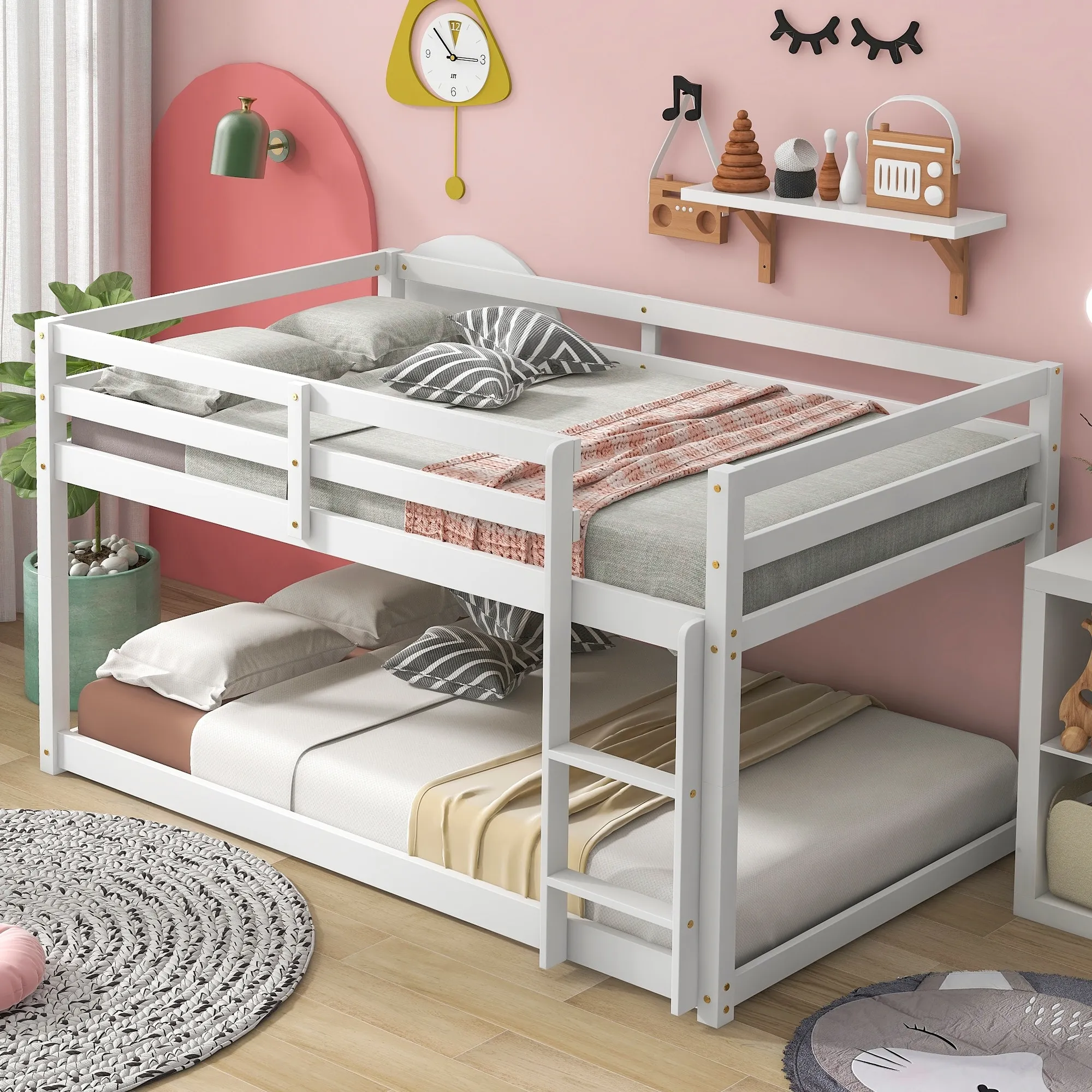 Twin Size White Low Bunk Bed, Wood Twin Over Twin Bunk Bed Frame w/ Full Guardrails&Ladder, Floor Bunk Beds for Kids Boys Girls