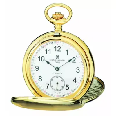 Charles-Hubert Paris 3907-Grr Polished Finish Gold-Plated Stainless Steel Double Cover Mechanical Pocket Watch