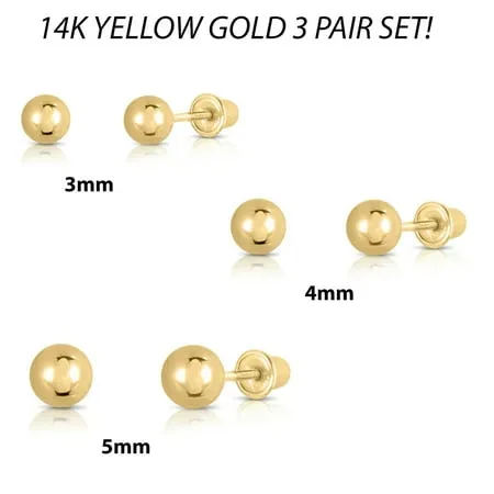 14k Yellow White Rose Gold Women Ball Set Earrings 5mm Stud Post 3 Pair Set