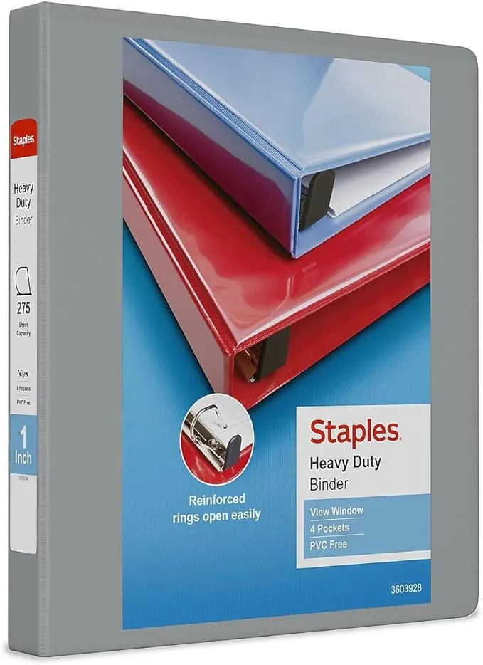 1" Staples Heavy-Duty View Binder with D-Rings Gray 976033