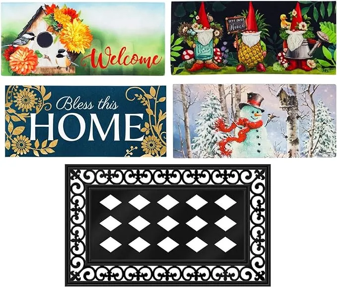 Evergreen Sassafras Bundle - Set of 5 All Seasons Interchangeable Entrance Doormats | Indoor and Outdoor |22-in x 10-in doormats and 30-in x 18-in Tray | Non-Slip Backing | Low Profile | Home Décor