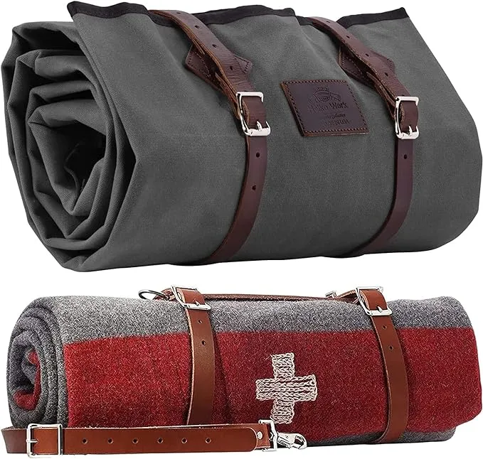 1844 Helko Werk Germany Waxed Canvas Bedroll & Swiss Army Blanket Bundle - Camping Bedroll with Leather Straps and Zipper - Waterproof Waxed Canvas Portable Bed (Slate Gray) #F8761SGB