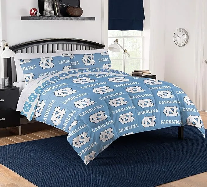 NCAA North Carolina Tar Heels Bed in a Bag Set, 100% polyester, Twin Size, Team Colors, 4 Piece Set