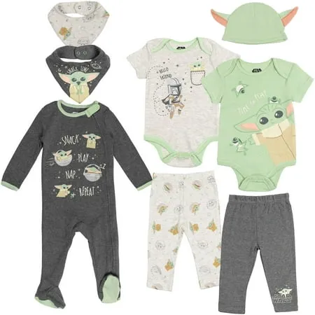 Star Wars The Mandalorian The Child Newborn Baby Boys Bodysuits Sleep N' Play Pants Hat and Bibs 8 Piece Outfit Set 6-9 Months