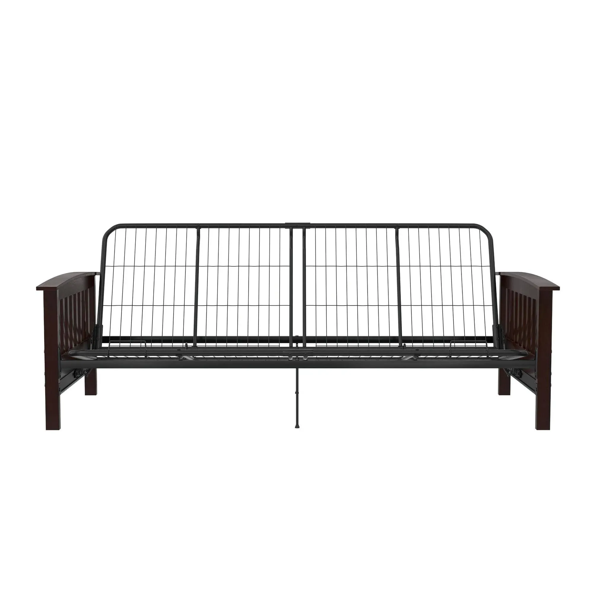 RealRooms Elbi Full Size Wood Arm and Black Metal Futon Frame - Brown