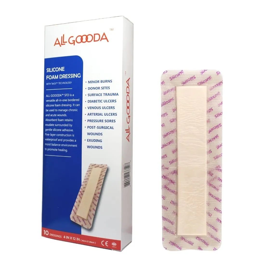 All Goooda Silicone Foam Dressing 4x12[10 Pack] Post-Op Gentle Adhesive Border F