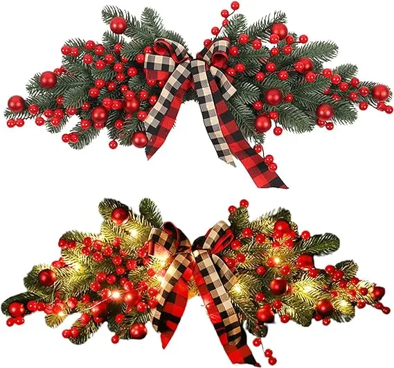 Artificial Christmas Swag, 27inch Winter Pine Needles Decoration Swag with Ribbon ...