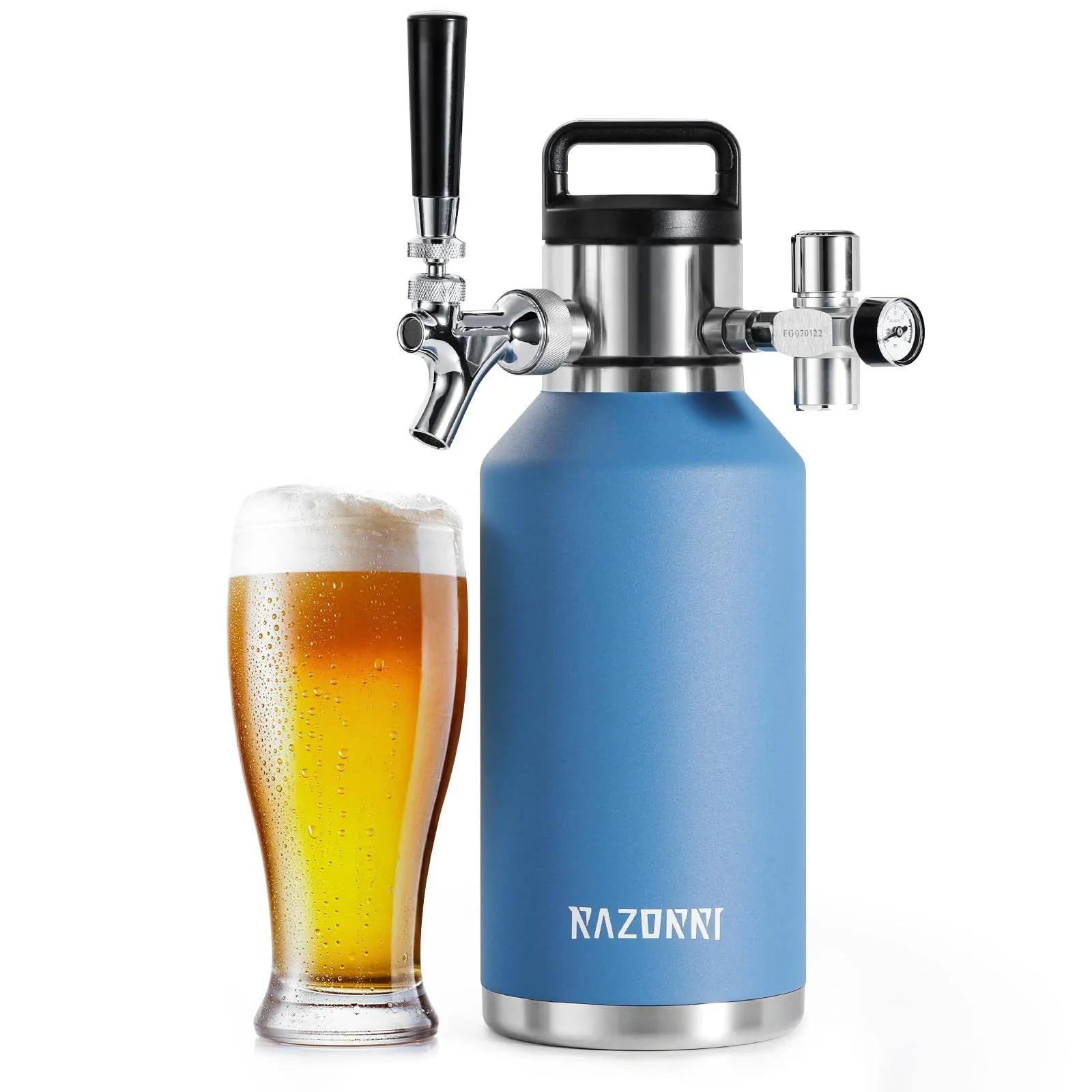 Razorri 128oz Stainless Steel Beer Growler, Double-Wall Vacuum Insulated Carbonated Keg with Professional Bar Tap and Pressurized CO2 Regulator, 1 Gallon, Ocean Blue