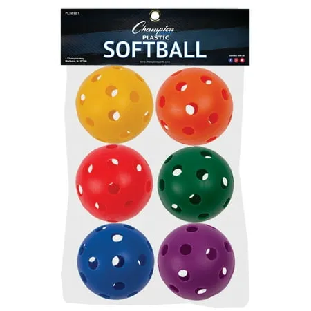 Champion Sports 12" Hollow Plastic Assorted Color Softball Set - Athletic Softball Equipment - Practice Softballs Plastic Hollow - Regulation Size - Fun for All Ages - Lightweight/Durable - Set of 6