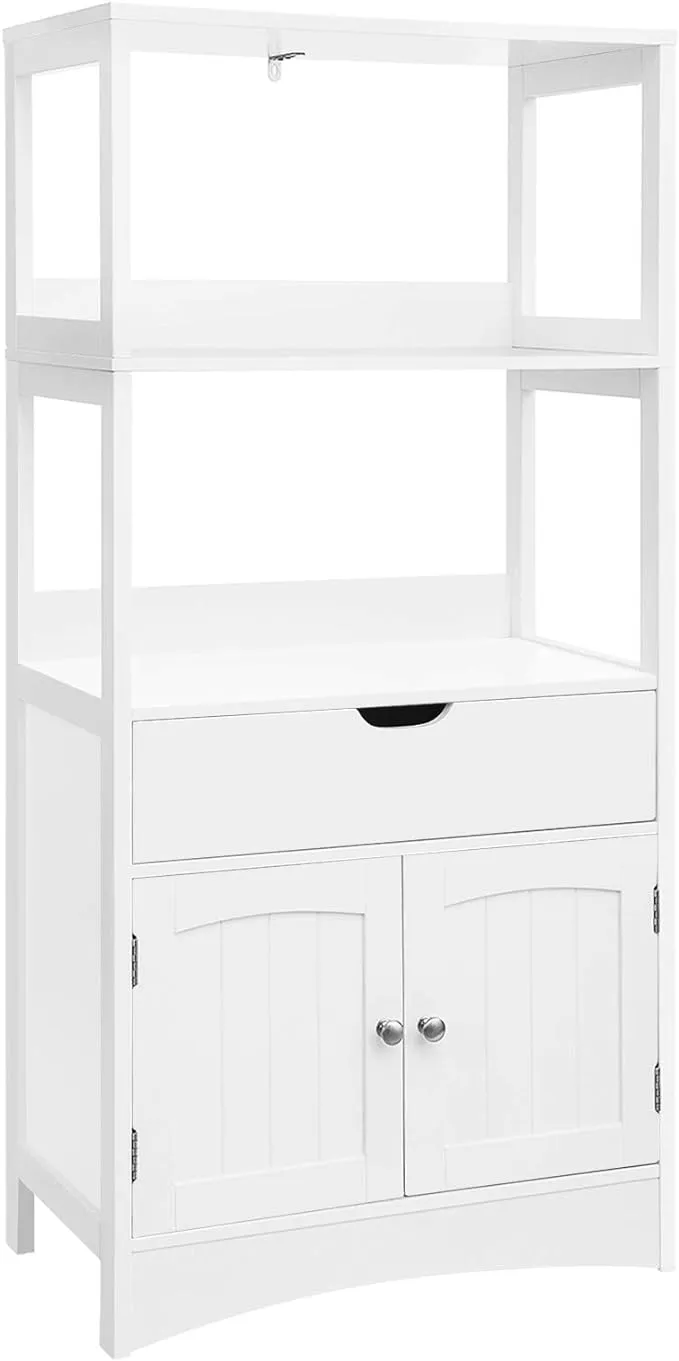 VASAGLE Bathroom Storage Drawer, 2 Open Shelves and Door Cupboard, Large Floor Cabinet in The Entryway, Kitchen, White UBBC64WT, 12.8" D x 23.6" W x 48" H