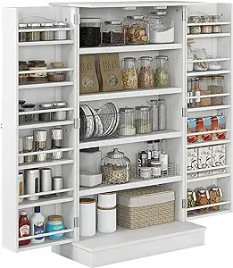 Homcom 41" Kitchen Pantry Storage Cabinet, Freestanding Kitchen Cabinet with 12 Door Shelves, Double Doors, 5-Tier Shelving and Adjustable Shelves, Pa