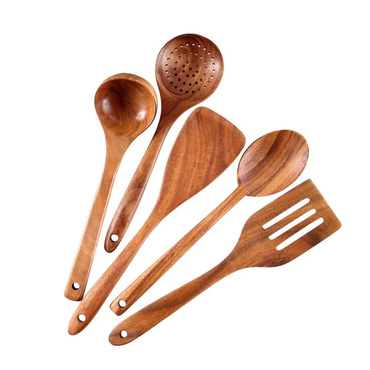 Wooden Spoons for Cooking, Tmkit Cooking Utensils Set of 6 Natural Teak Wooden Cooking Spatulas with Utensils Holder Comfort Grip Wooden Kitchen Utensils for Nonstick Cookware