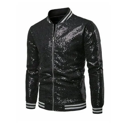 US Mens Bling Sequin Glitter Tuxedo Blazer Coat Formal Zipper Suit Casual Jacket