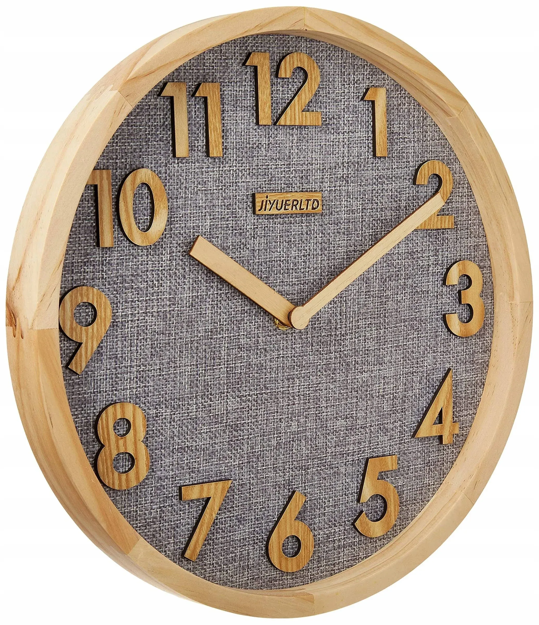 Silent Wall Clock 12 inch Kitchen Clock with 3D Wood Numbers, Non-Ticking Quartz Movement, Linen Face and Wood Frame for Home, Office, Classroom (Gray)