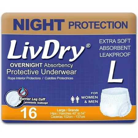 LivDry Adult XXL Incontinence Underwear, Overnight Comfort Absorbency, Leak Protection, XX-Large, 12-Pack