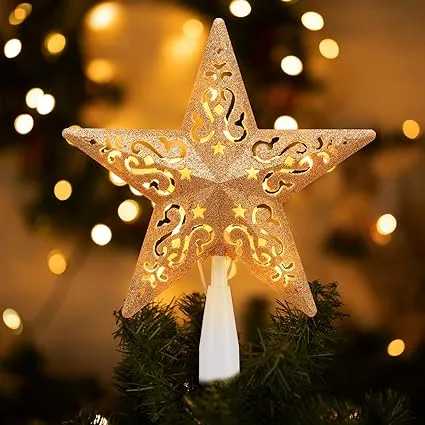 8” Christmas Star Tree Topper Silver Glittered Hollow Star Topper Built in 10 Bu