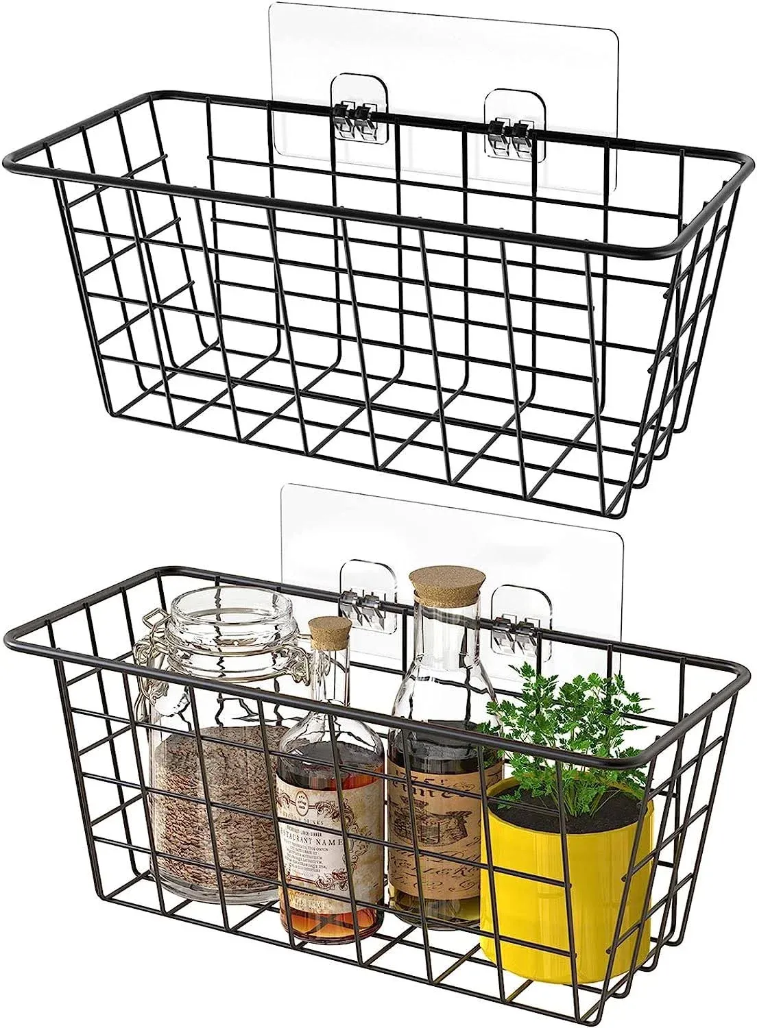 MaraFansie Hanging Kitchen Baskets Wire Storage Adhesive Over the Cabinet Door Organizer No Drilling, for Pantry Organization and Kitchen, Bathroom, Storage, 2 Pack, Black