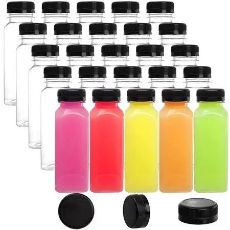 Cedilis 20 Pack 16oz Plastic Juice Bottles with Black Cap, Clear Reusable Containers with Lids, Great Disposable Bottles for Making Juice, Milk, Salad