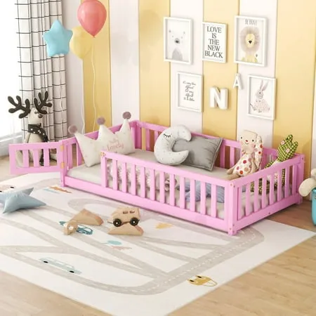 uhomepro Twin Floor Bed Frame Floor Bed Frame with Fence and Door Wood Slats Supports Low Wood Platform Beds for Kids Girls Boys No Box Spring Needed Pink