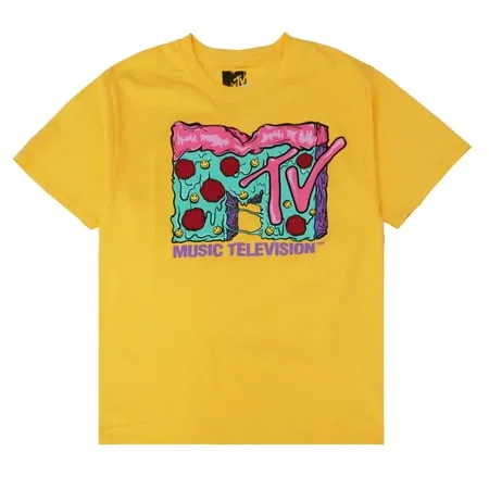 MTV Music Television Men's Officially Licensed Retro Vintage Graphic Logo Tee T-Shirt (Medium, Yellow MTV Pizza)