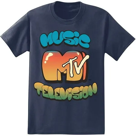 MTV Music Television Men s Officially Licensed Retro Vintage Graphic Logo Tee T-Shirt (Large Navy MTV Bubble)