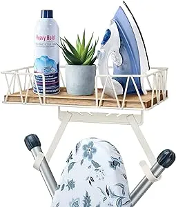 TJ.MOREE Ironing Board Hanger Wall Mount - Laundry Room Decor Iron and Ironing Board Holder with Large Storage Wooden Base Basket and Removable Hooks(T&V Shaped) Cream