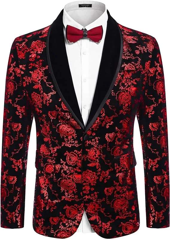 COOFANDY Men&#039;s Floral Tuxedo Jacket Shawl Lapel One Button Velvet Suit Jacket Di