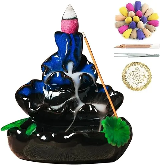 VVMONE Cute Ceramic Backflow Incense Holder Waterfall Incense Burner with 100