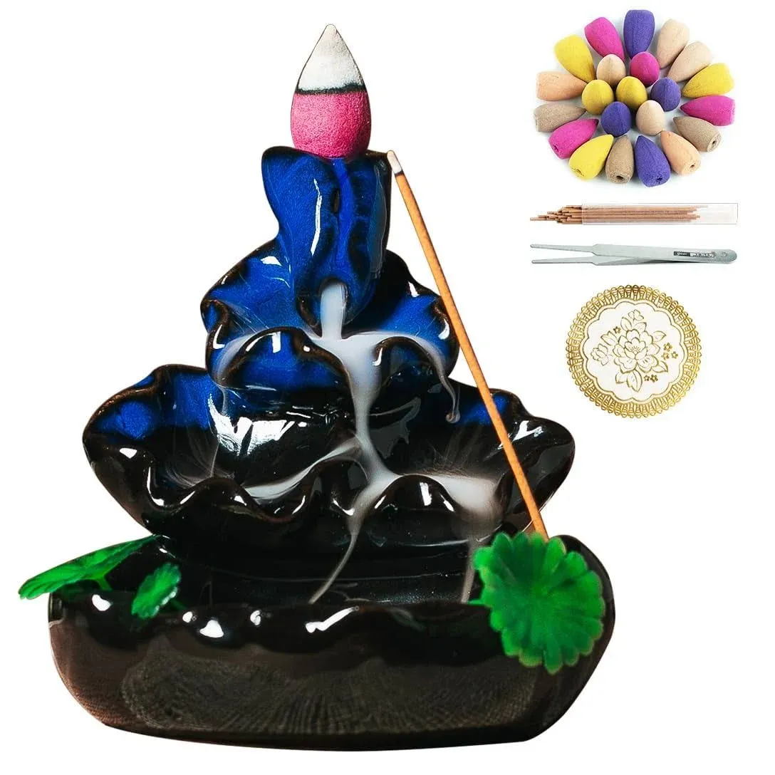 VVMONE Cute Ceramic Backflow Incense Holder Waterfall Incense Burner with 100