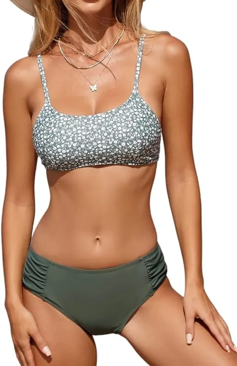 Cupshe bikini - Green and white floral top. High waist bottom.