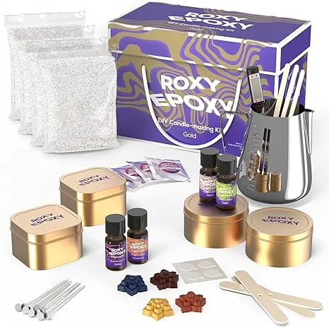 Roxy Epoxy DIY Candle Making Kit Gold - Complete Supplies Set to Make Your Own Candles - Includes 2lb Soy Wax, Candle Tins, Fragrances, Color Dyes, Melting Pot